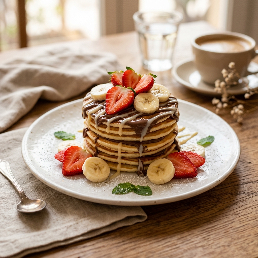 Banana berry drizzle mini pancakes